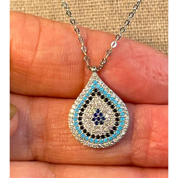 Vintage Jewelry - Vintage 925 teardrop crystal necklace shades of blue